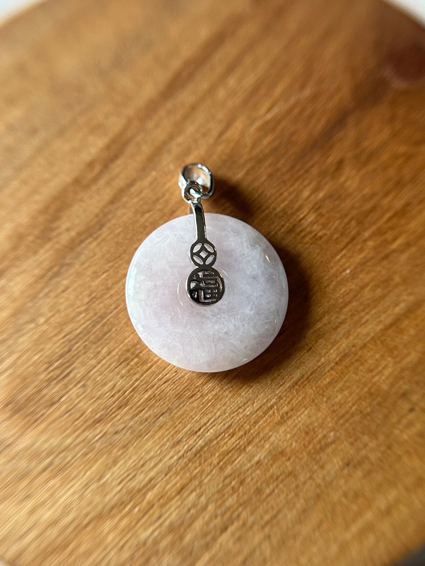 Grade A Natural lavender Jadeite Pi Disc ( peng on kou, donut) pendant with sterling silver  Fok  bail