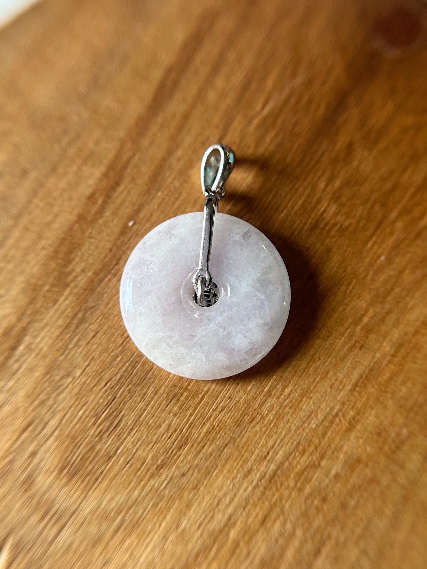 Grade A Natural lavender Jadeite Pi Disc ( peng on kou, donut) pendant with sterling silver  Fok  bail