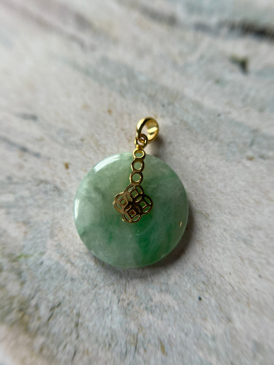 Grade A Natural green Jadeite Pi Disc ( peng on kou, donut) pendant with Gold over sterling silver  coin bail