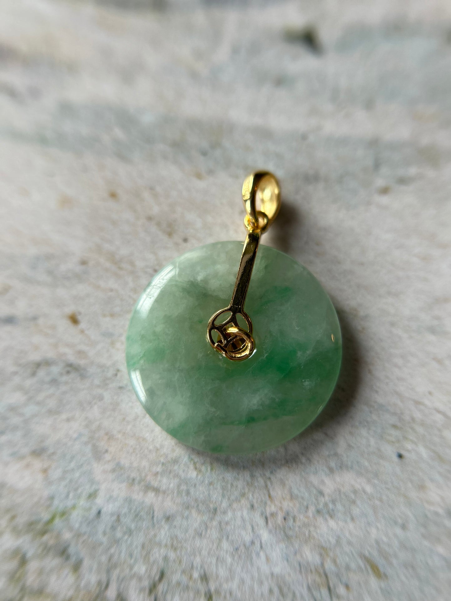 Grade A Natural green Jadeite Pi Disc ( peng on kou, donut) pendant with Gold over sterling silver  coin bail