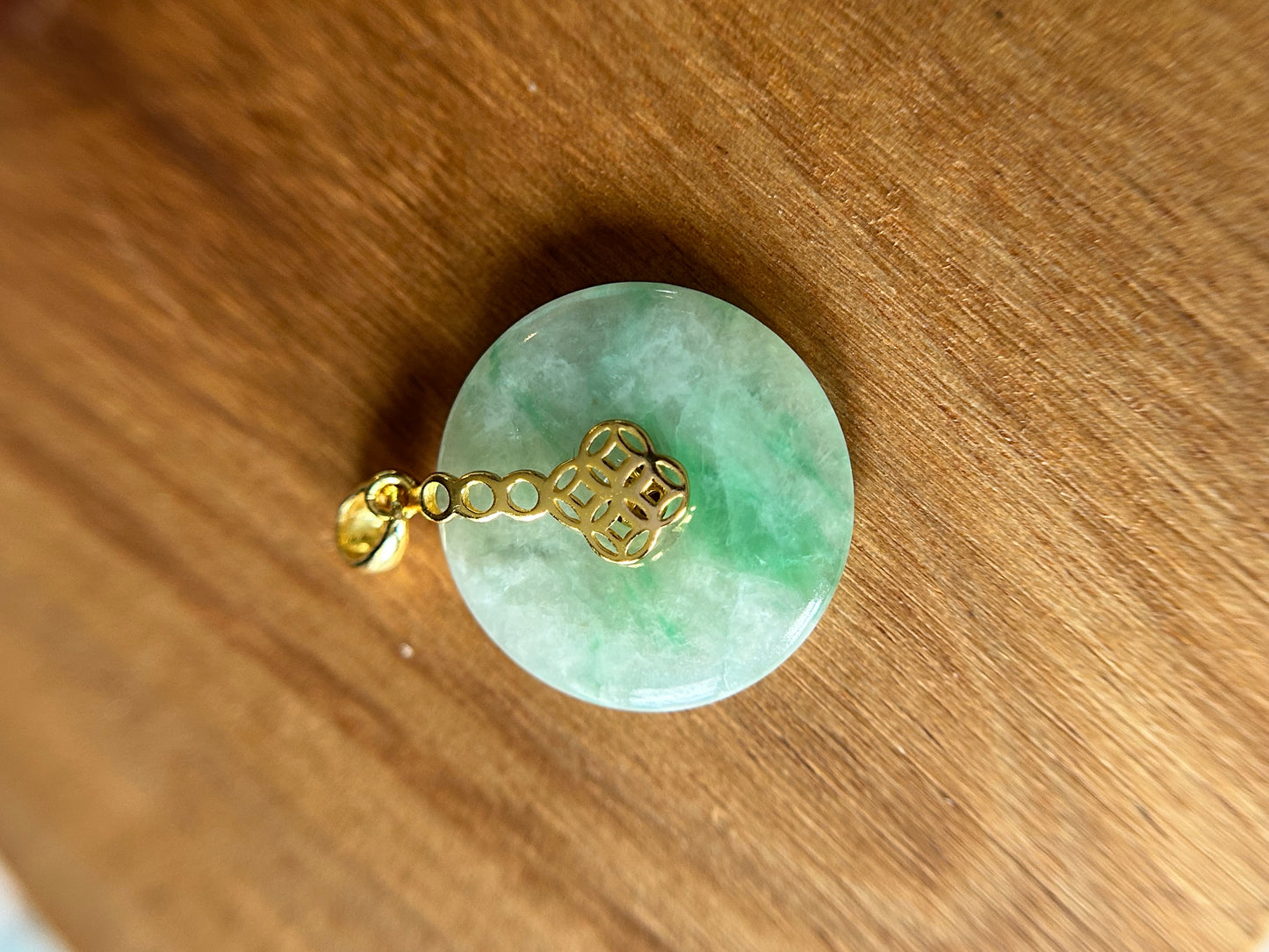 Grade A Natural green Jadeite Pi Disc ( peng on kou, donut) pendant with Gold over sterling silver  coin bail