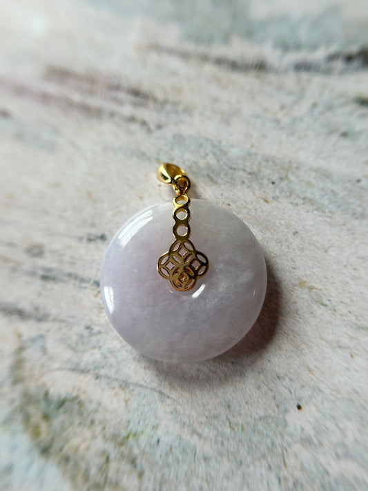 Grade A Natural lavender Jadeite Pi Disc ( peng on kou, donut) pendant with Gold over sterling silver  coin bail