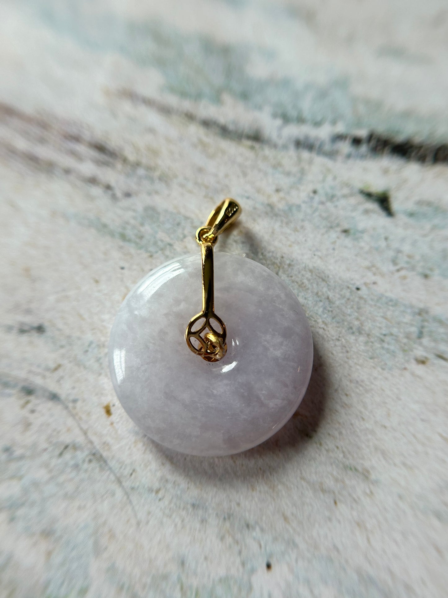 Grade A Natural lavender Jadeite Pi Disc ( peng on kou, donut) pendant with Gold over sterling silver  coin bail