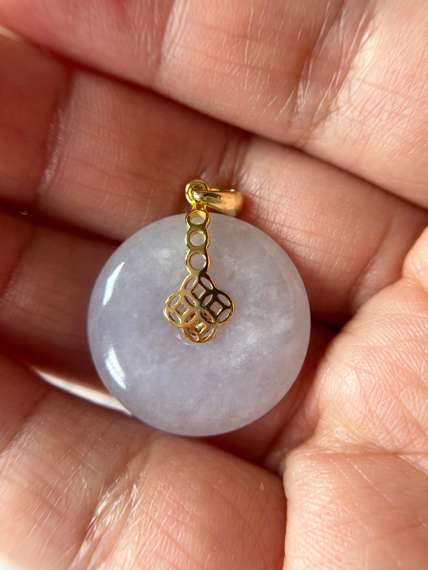 Grade A Natural lavender Jadeite Pi Disc ( peng on kou, donut) pendant with Gold over sterling silver  coin bail