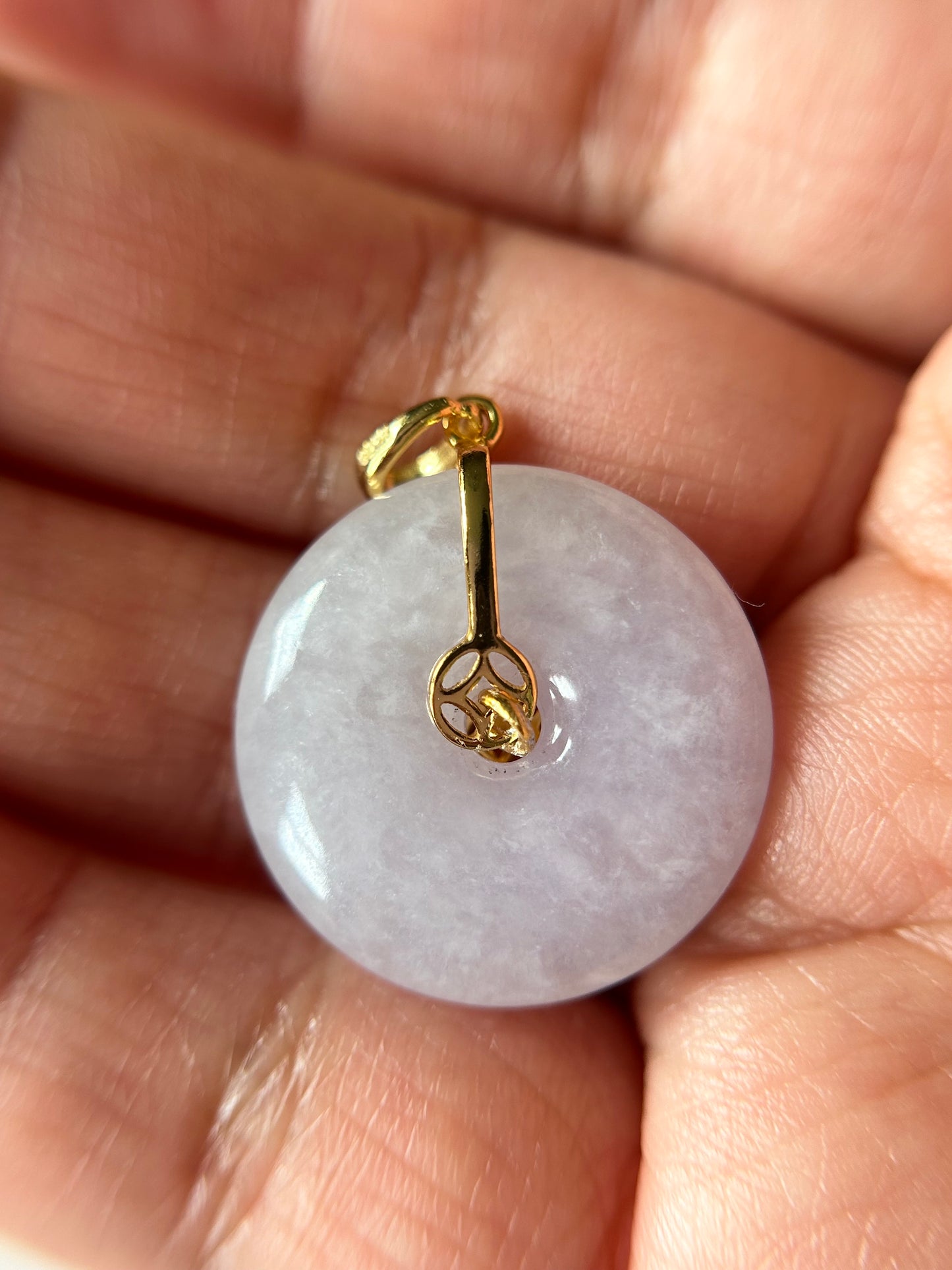 Grade A Natural lavender Jadeite Pi Disc ( peng on kou, donut) pendant with Gold over sterling silver  coin bail