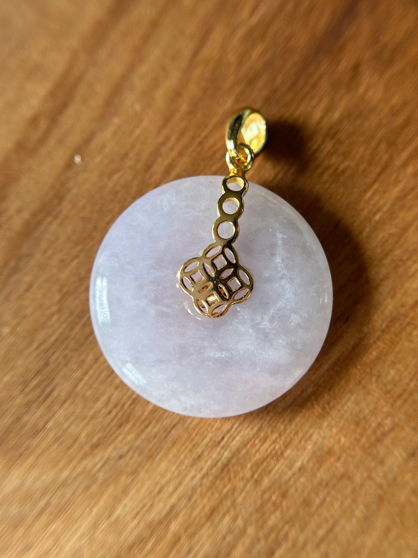 Grade A Natural lavender Jadeite Pi Disc ( peng on kou, donut) pendant with Gold over sterling silver  coin bail