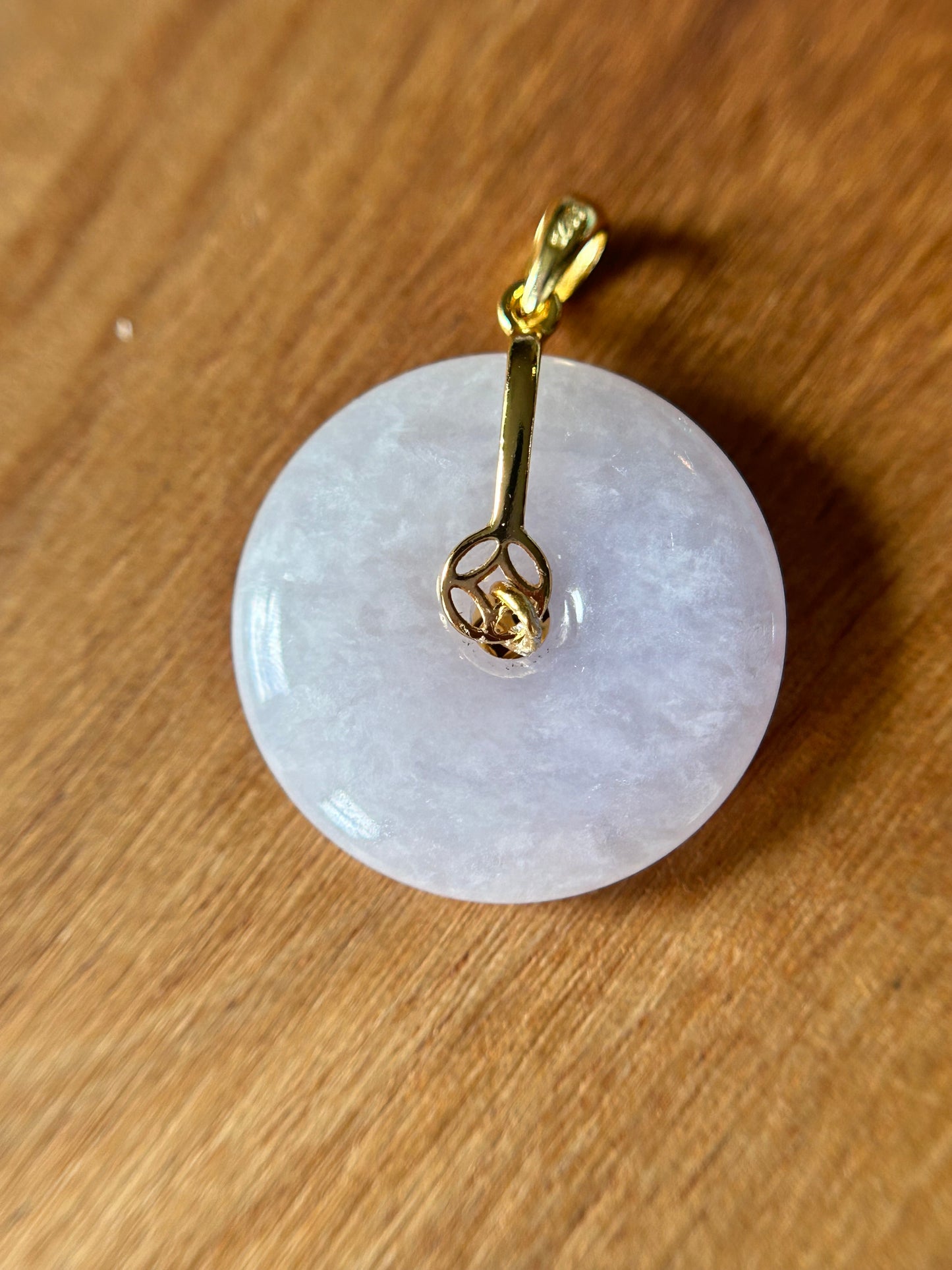 Grade A Natural lavender Jadeite Pi Disc ( peng on kou, donut) pendant with Gold over sterling silver  coin bail