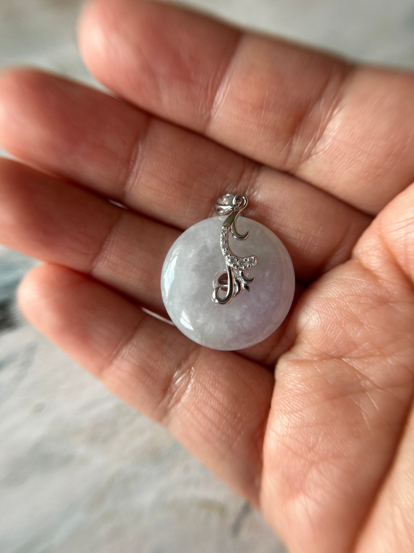 Grade A Natural lavender Jadeite Pi Disc ( peng on kou, donut) pendant with  sterling silver  bail