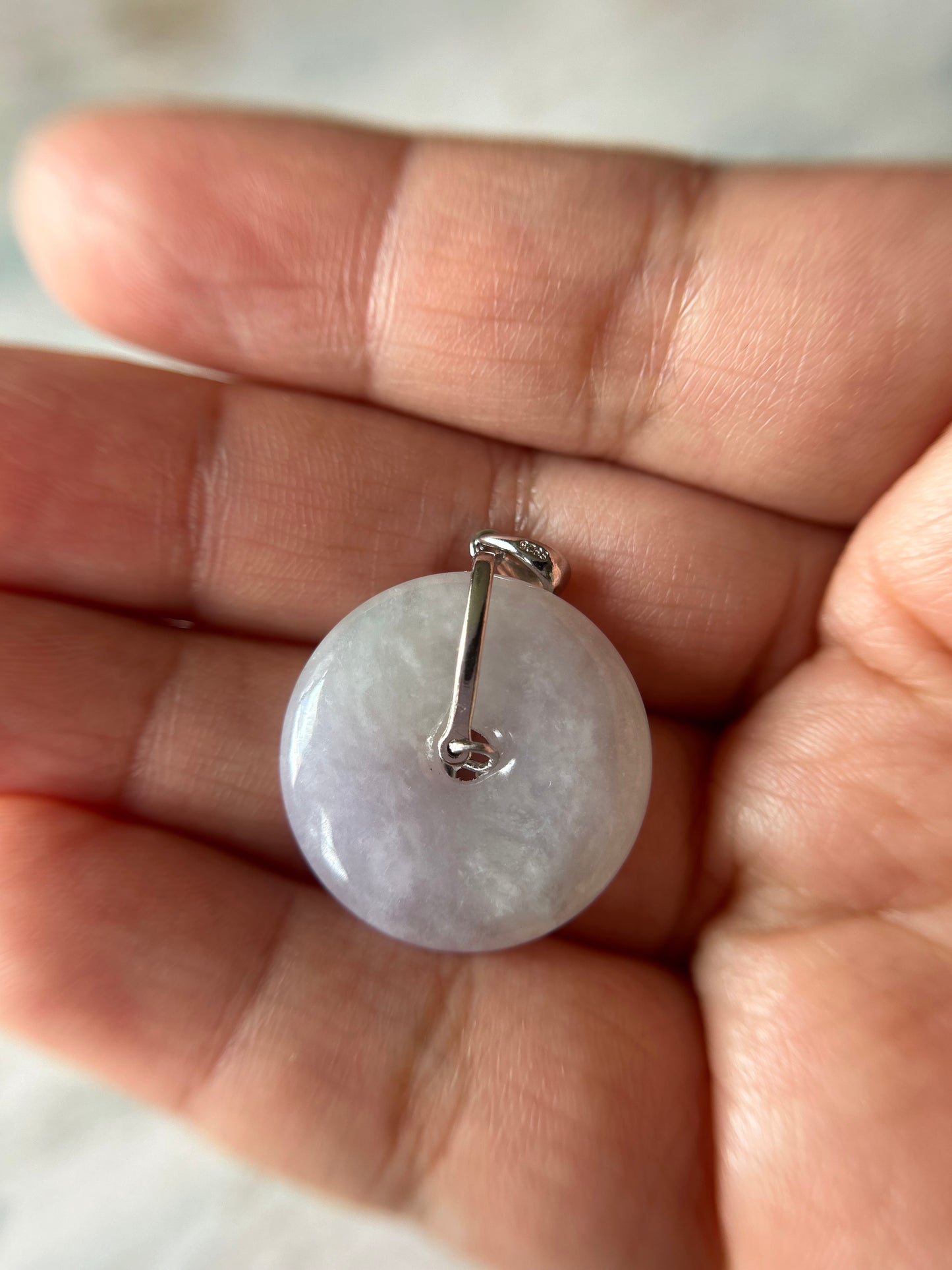 Grade A Natural lavender Jadeite Pi Disc ( peng on kou, donut) pendant with  sterling silver  bail