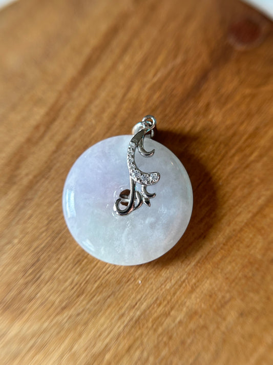 Grade A Natural lavender Jadeite Pi Disc ( peng on kou, donut) pendant with  sterling silver  bail