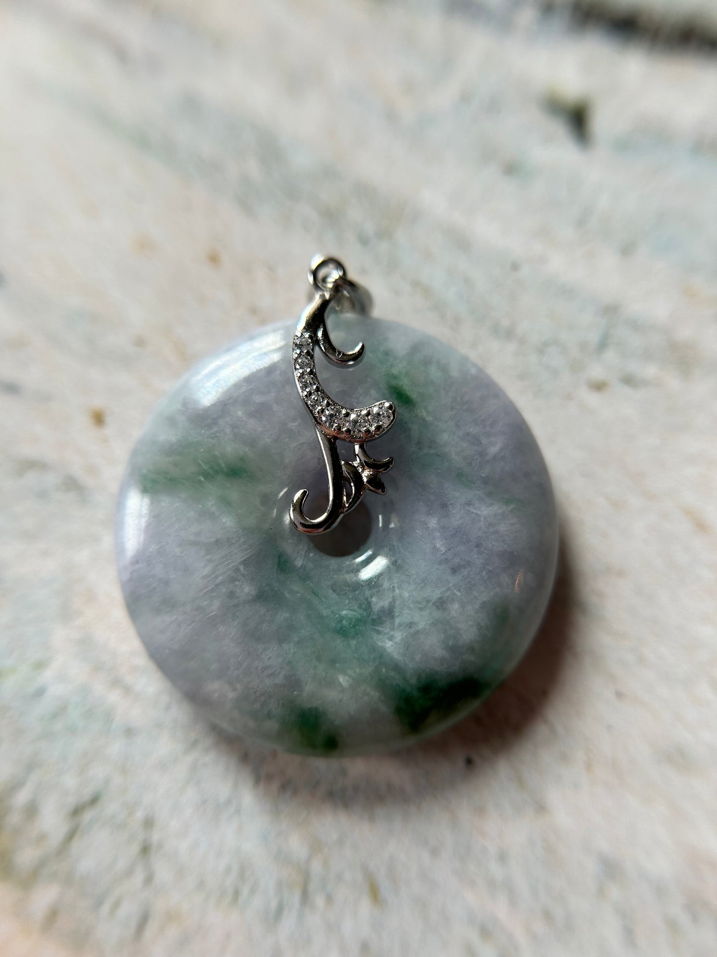 Grade A Natural lavender and green Jadeite Pi Disc ( peng on kou, donut) pendant with sterling silver  bail