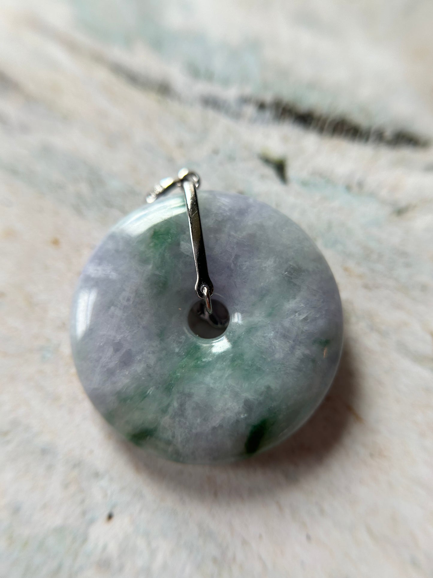 Grade A Natural lavender and green Jadeite Pi Disc ( peng on kou, donut) pendant with sterling silver  bail