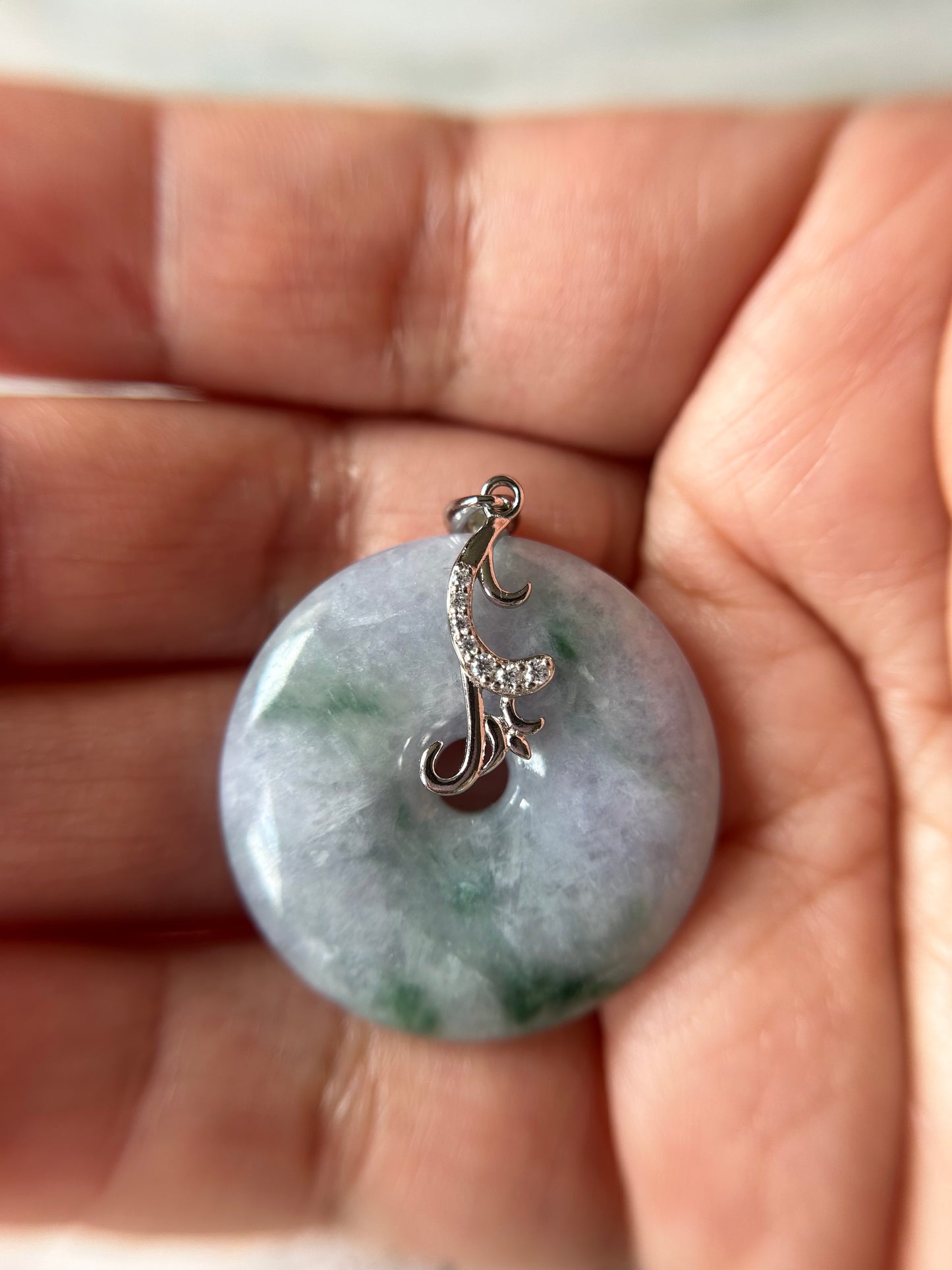 Grade A Natural lavender and green Jadeite Pi Disc ( peng on kou, donut) pendant with sterling silver  bail