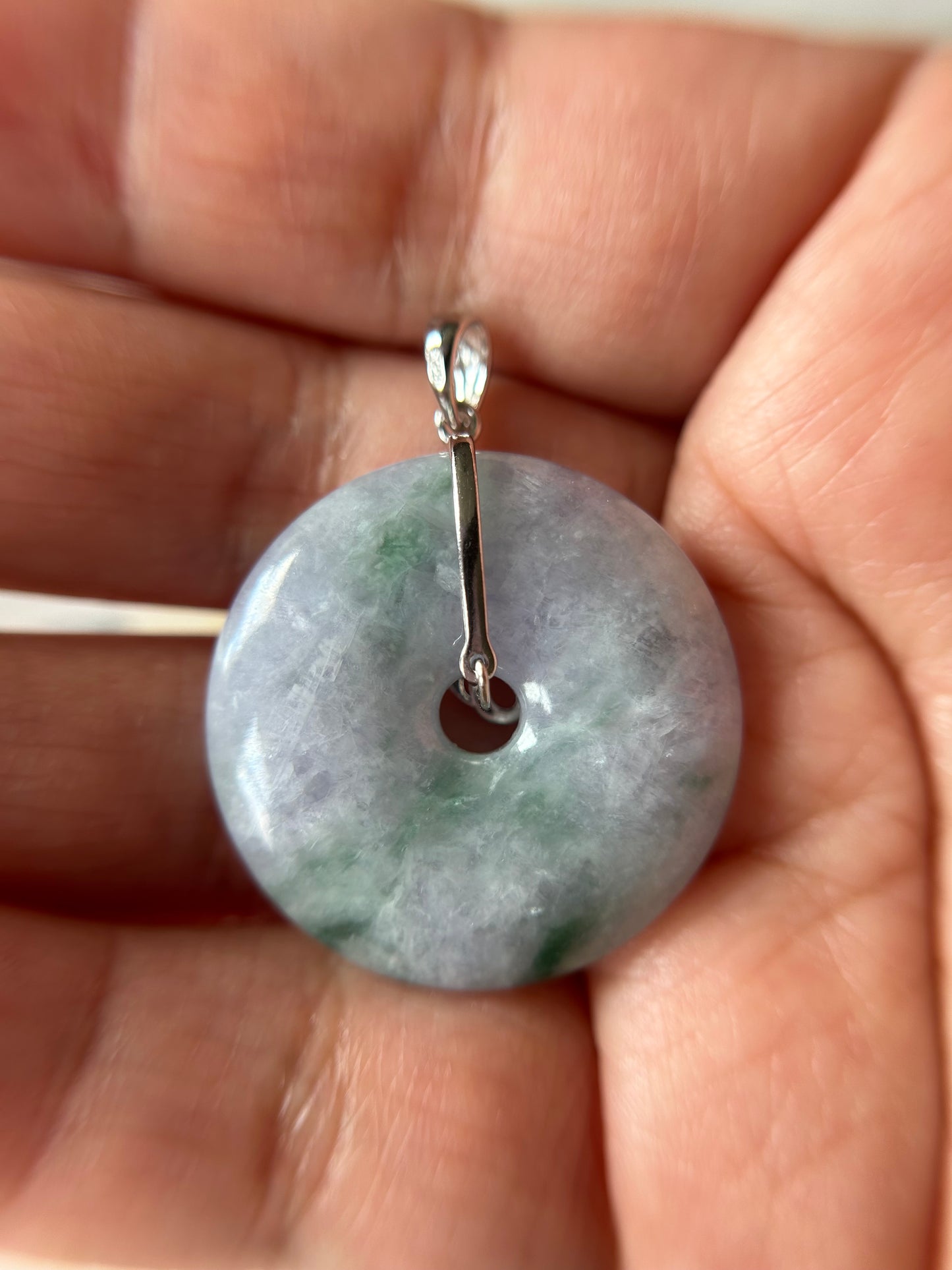 Grade A Natural lavender and green Jadeite Pi Disc ( peng on kou, donut) pendant with sterling silver  bail