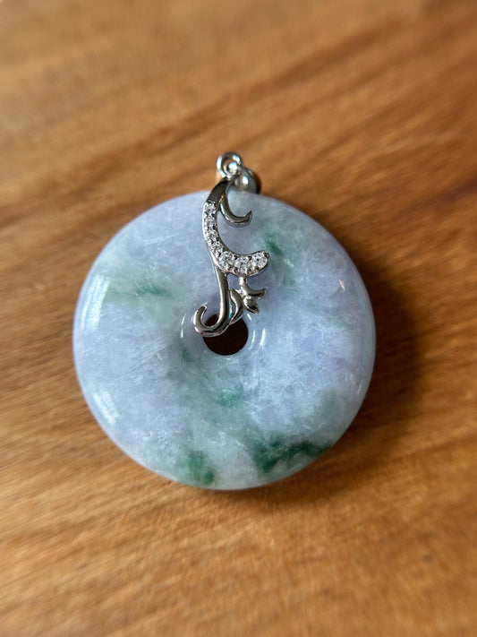 Grade A Natural lavender and green Jadeite Pi Disc ( peng on kou, donut) pendant with sterling silver  bail