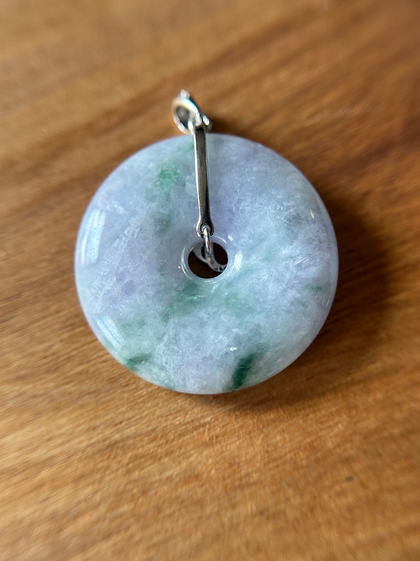 Grade A Natural lavender and green Jadeite Pi Disc ( peng on kou, donut) pendant with sterling silver  bail