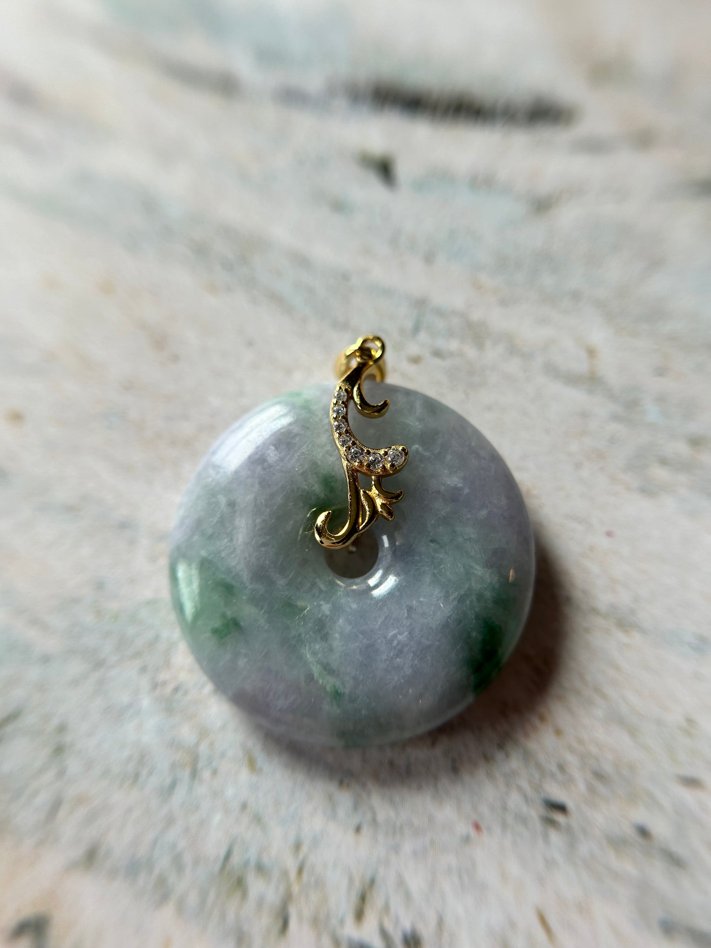 Grade A Natural lavender and green Jadeite Pi Disc ( peng on kou, donut) pendant with Gold over sterling silver  bail