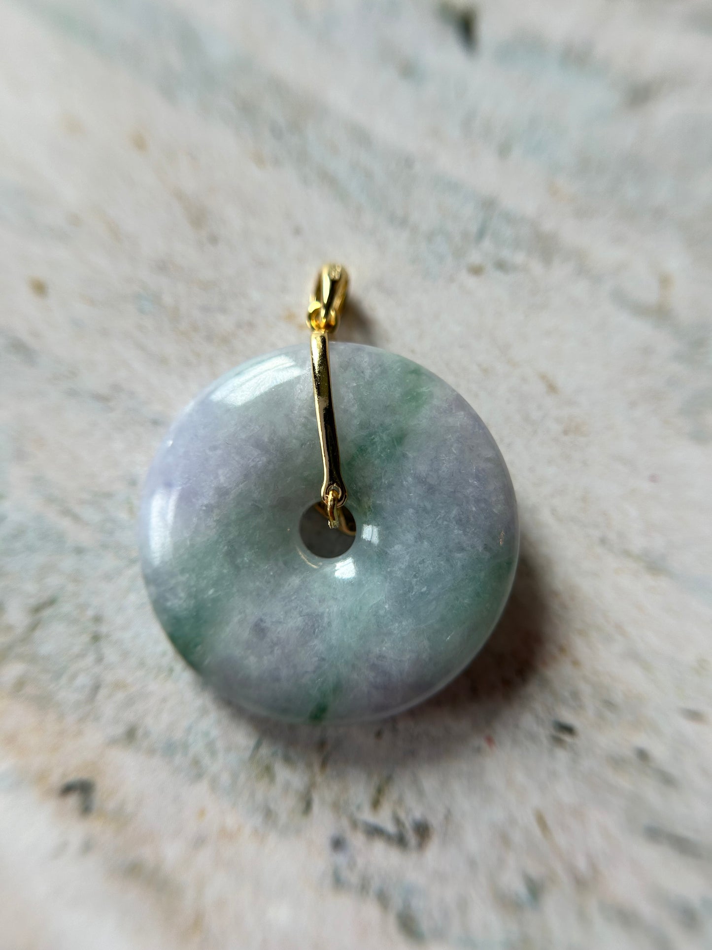 Grade A Natural lavender and green Jadeite Pi Disc ( peng on kou, donut) pendant with Gold over sterling silver  bail