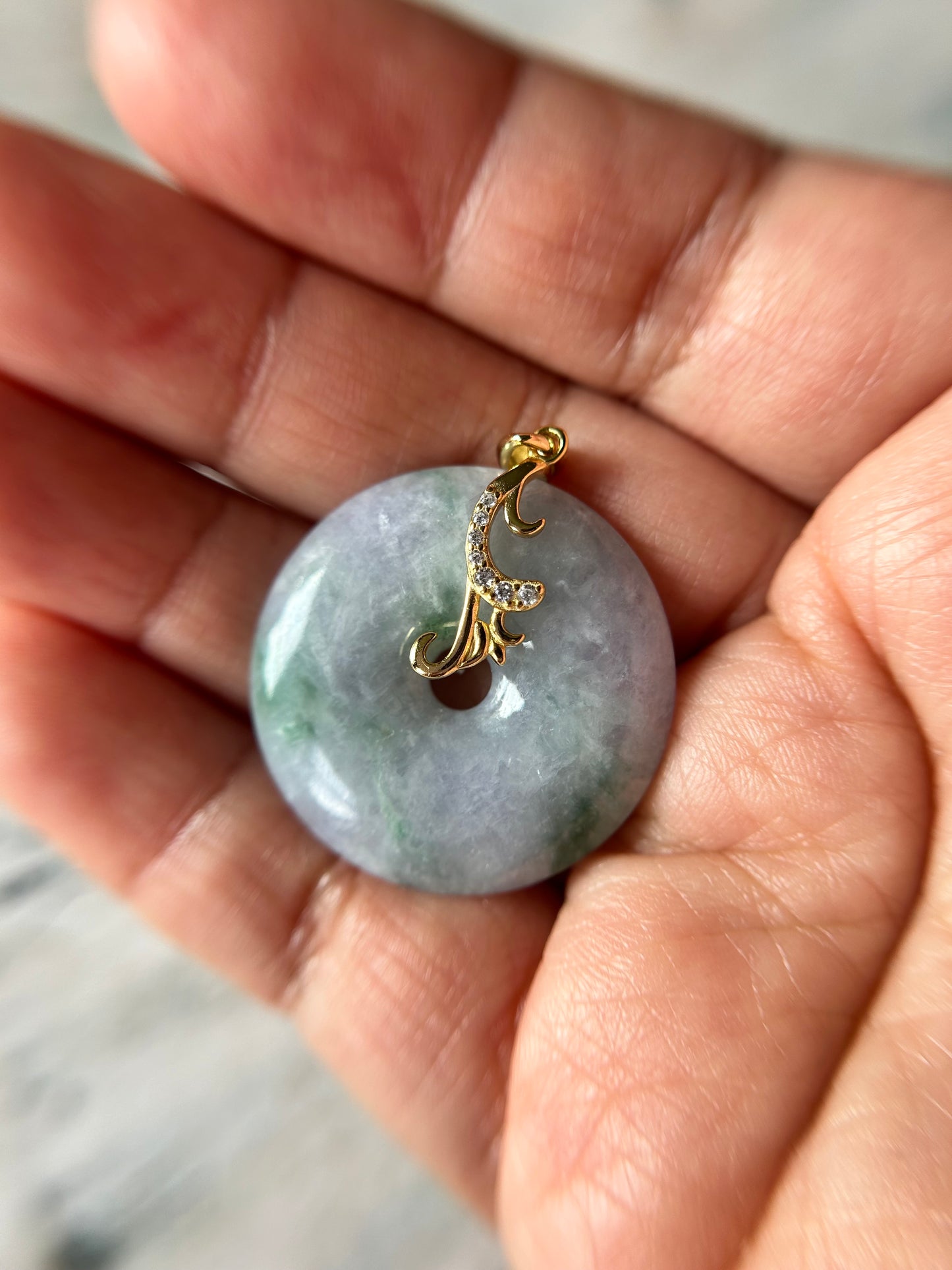 Grade A Natural lavender and green Jadeite Pi Disc ( peng on kou, donut) pendant with Gold over sterling silver  bail