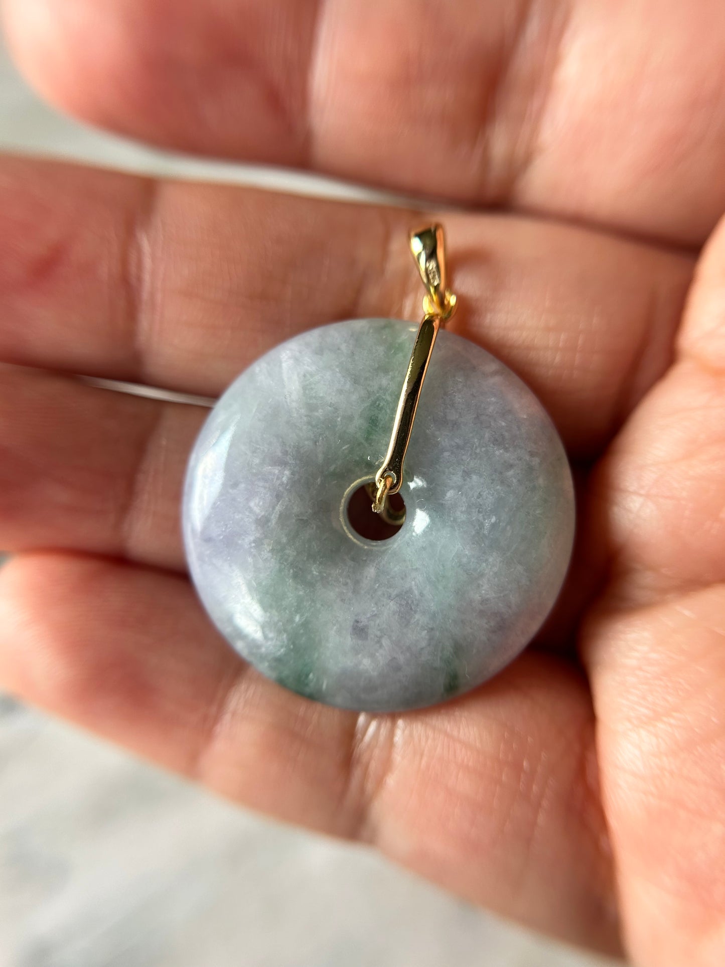 Grade A Natural lavender and green Jadeite Pi Disc ( peng on kou, donut) pendant with Gold over sterling silver  bail