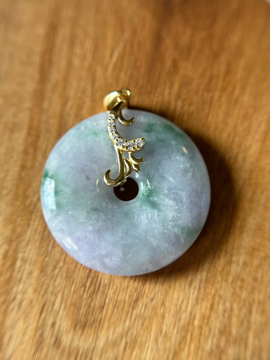 Grade A Natural lavender and green Jadeite Pi Disc ( peng on kou, donut) pendant with Gold over sterling silver  bail