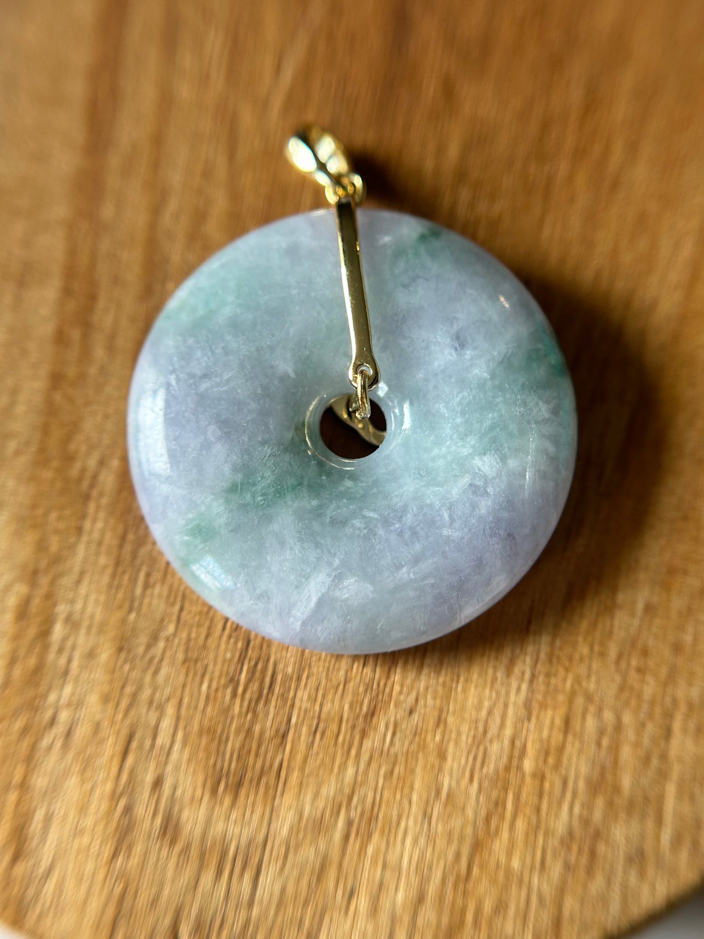 Grade A Natural lavender and green Jadeite Pi Disc ( peng on kou, donut) pendant with Gold over sterling silver  bail