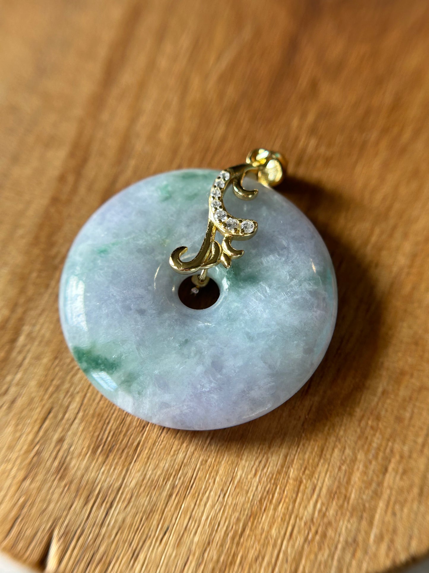 Grade A Natural lavender and green Jadeite Pi Disc ( peng on kou, donut) pendant with Gold over sterling silver  bail