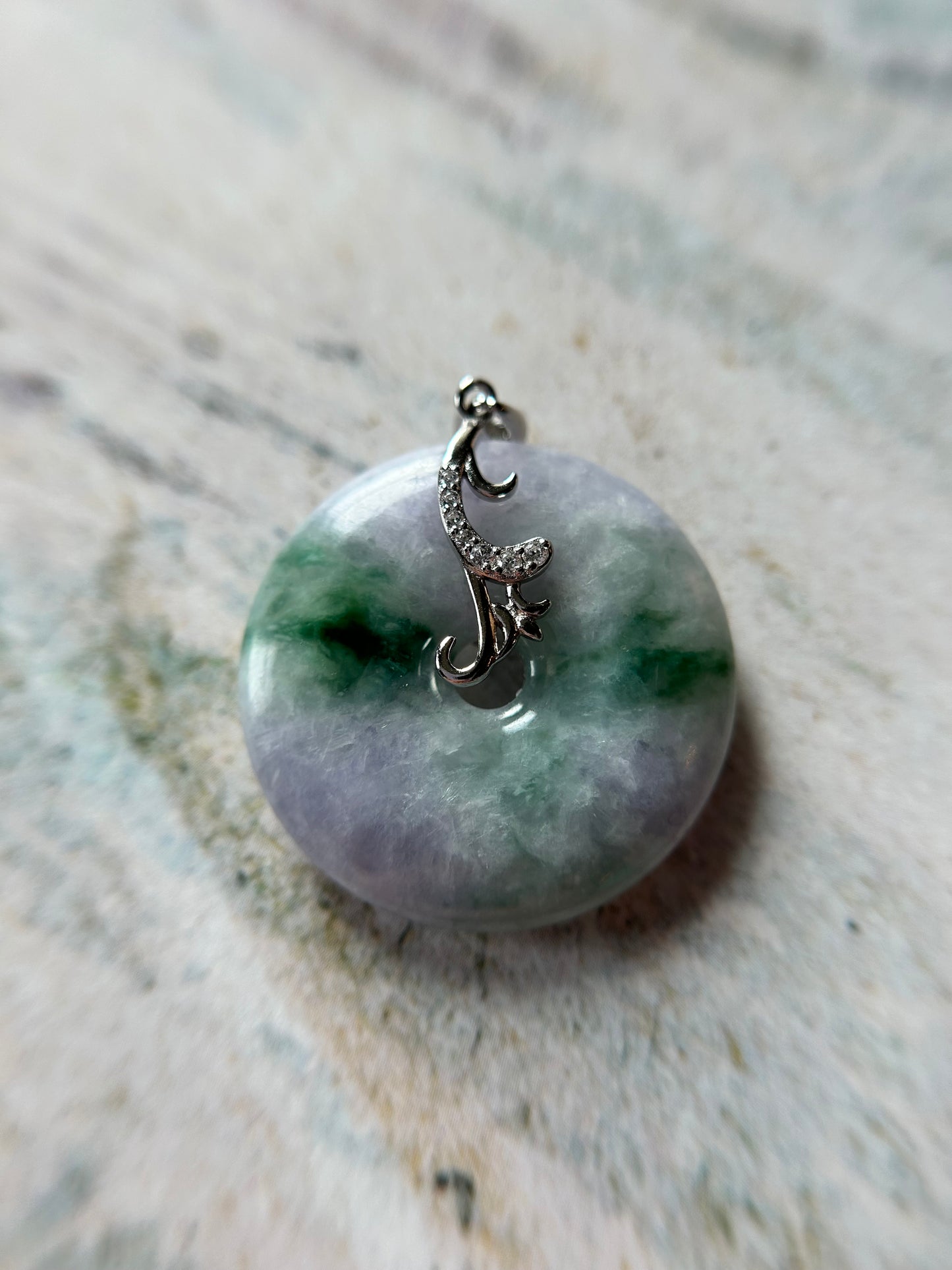 Grade A Natural lavender and green Jadeite Pi Disc ( peng on kou, donut) pendant with sterling silver  bail