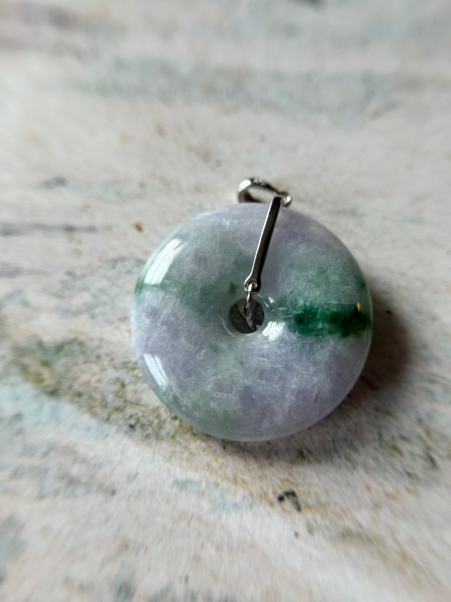 Grade A Natural lavender and green Jadeite Pi Disc ( peng on kou, donut) pendant with sterling silver  bail