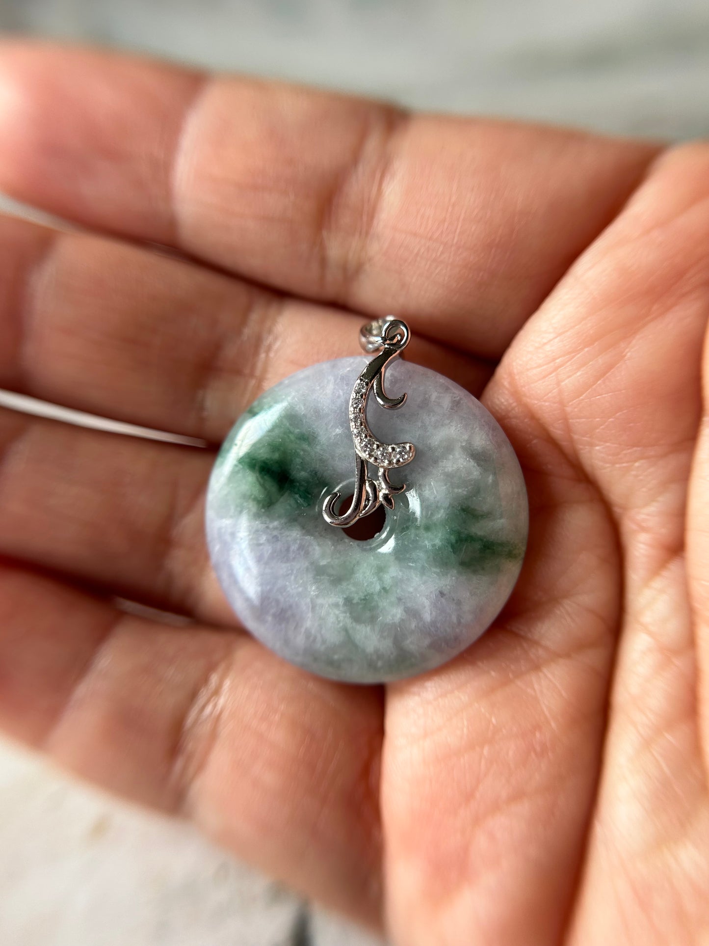 Grade A Natural lavender and green Jadeite Pi Disc ( peng on kou, donut) pendant with sterling silver  bail