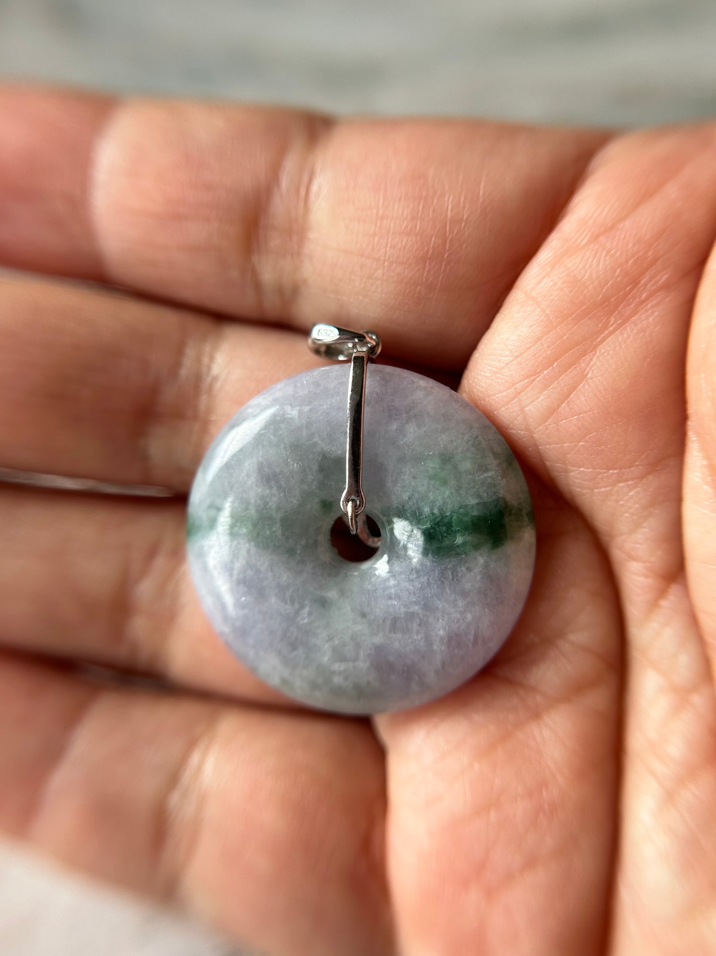 Grade A Natural lavender and green Jadeite Pi Disc ( peng on kou, donut) pendant with sterling silver  bail