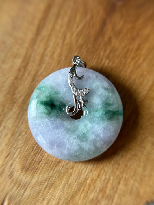 Grade A Natural lavender and green Jadeite Pi Disc ( peng on kou, donut) pendant with sterling silver  bail