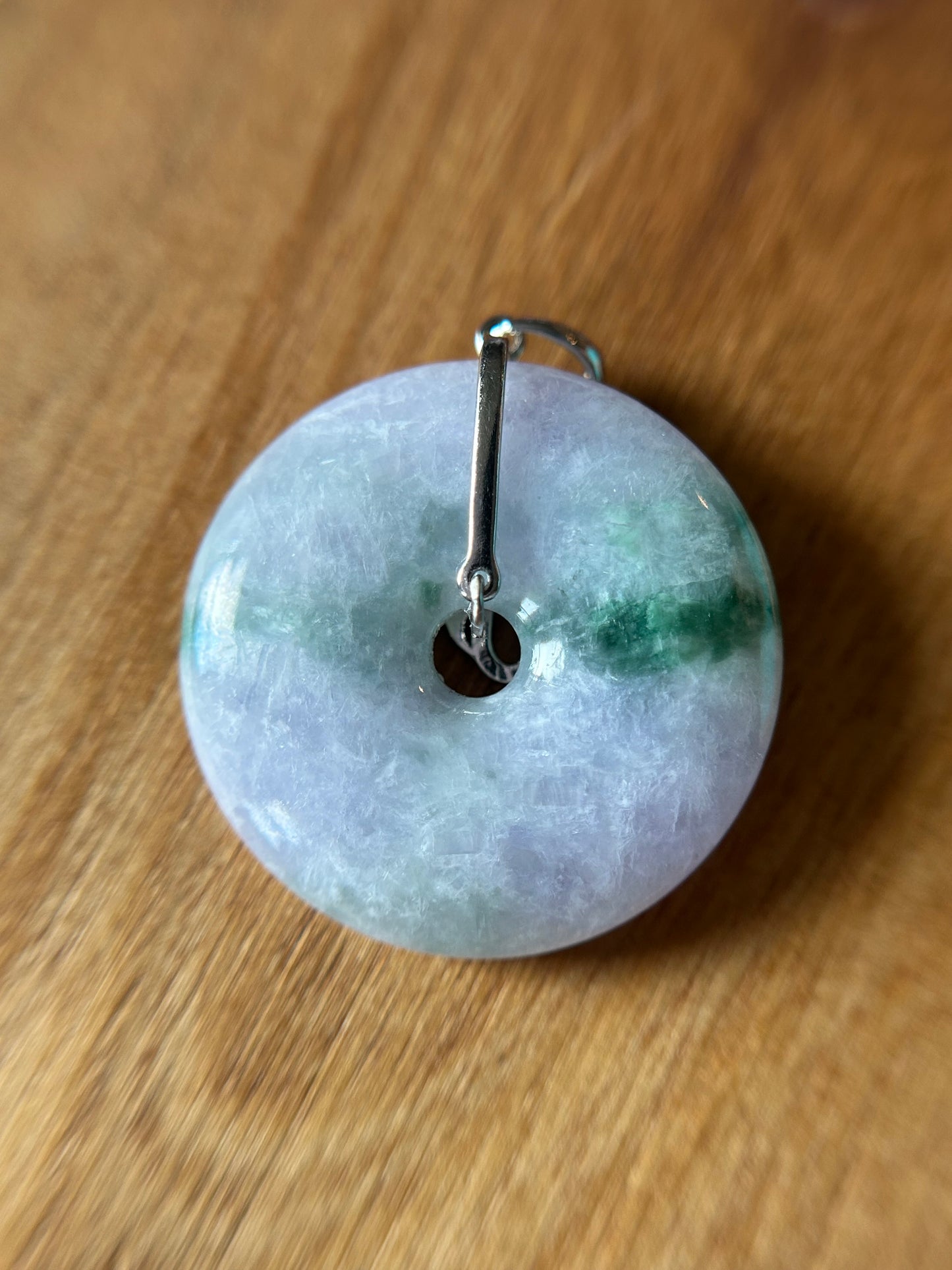 Grade A Natural lavender and green Jadeite Pi Disc ( peng on kou, donut) pendant with sterling silver  bail