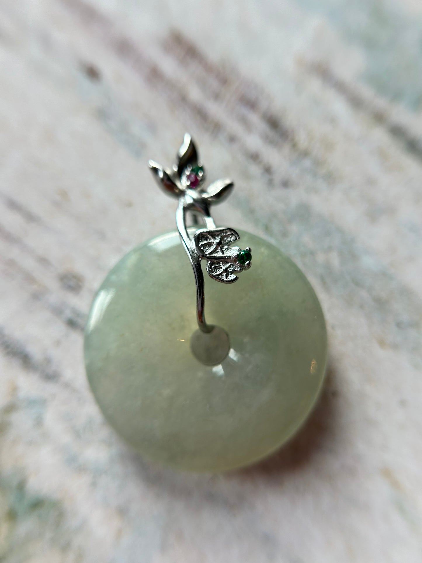 Grade A Natural green Jadeite Pi Disc ( peng on kou, donut) pendant with sterling sterling silver bail