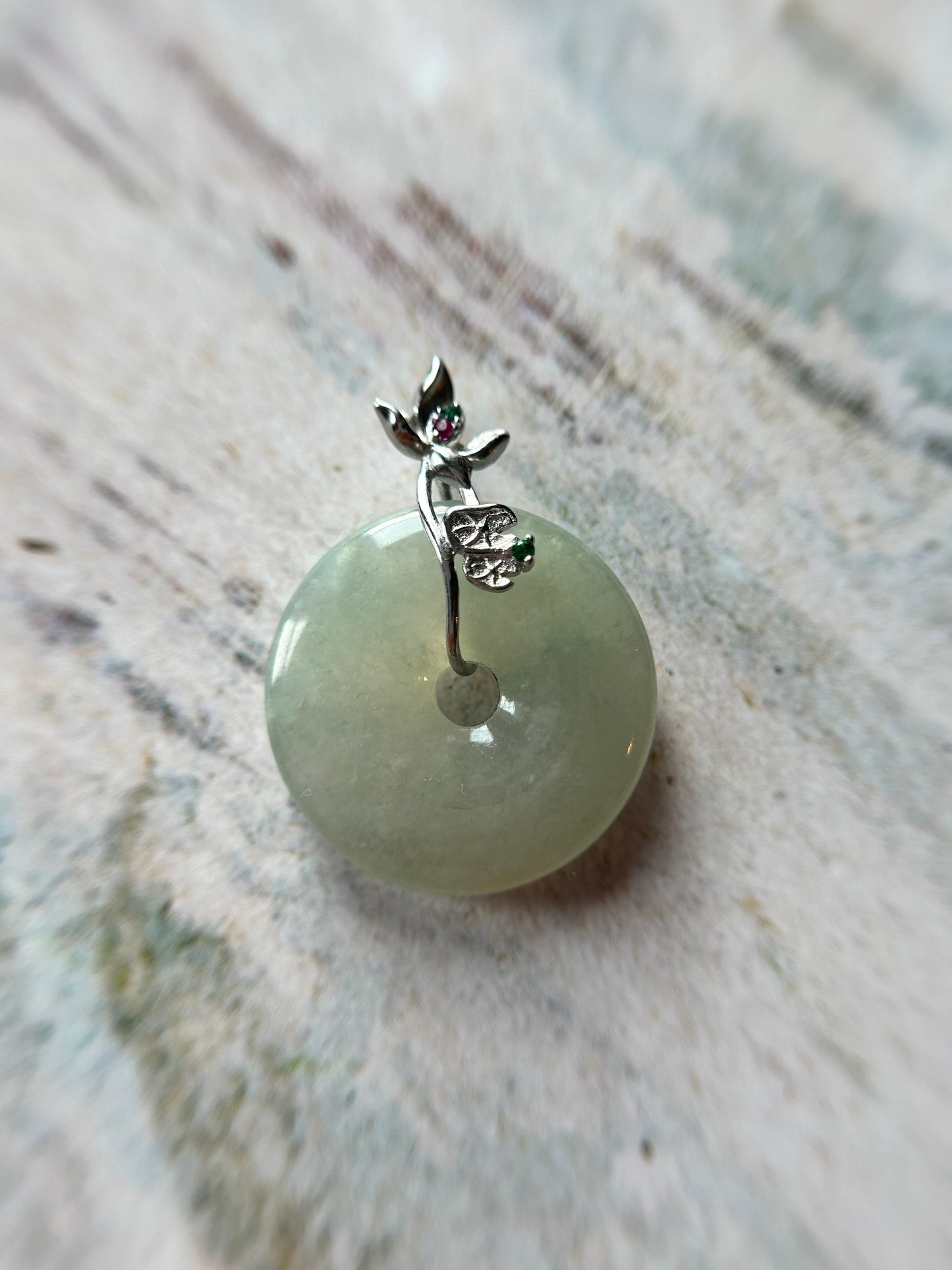 Grade A Natural green Jadeite Pi Disc ( peng on kou, donut) pendant with sterling sterling silver bail