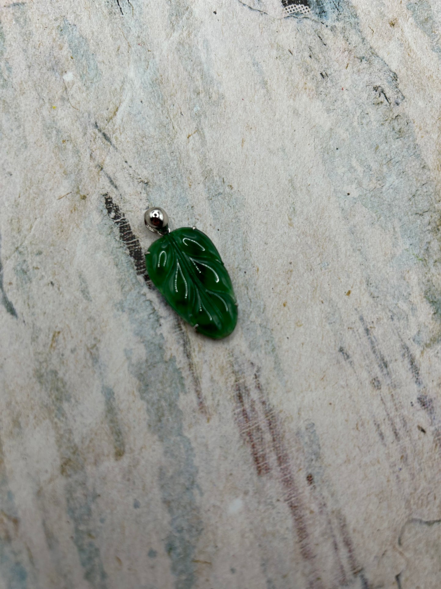 Natural Grade A Burmese Jadeite 18K white Gold Bail Glassy Bright Green Leaf Pendant