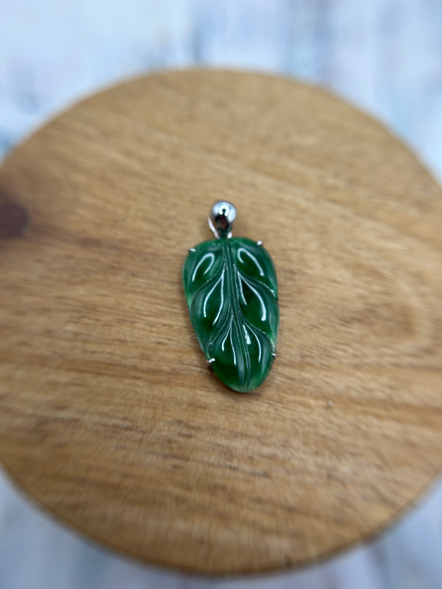 Natural Grade A Burmese Jadeite 18K white Gold Bail Glassy Bright Green Leaf Pendant