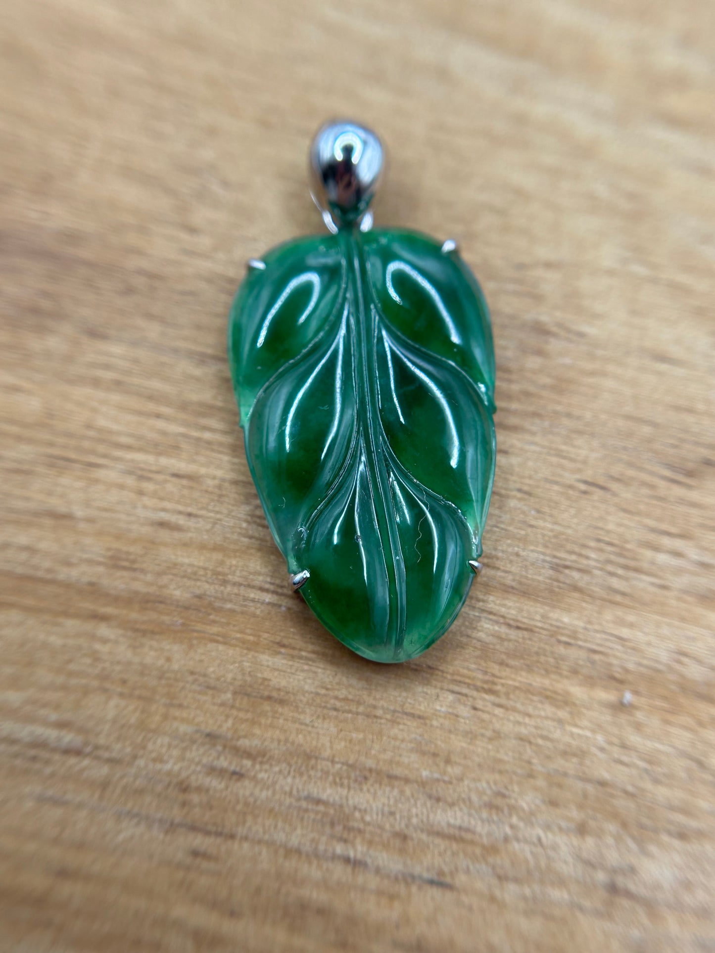 Natural Grade A Burmese Jadeite 18K white Gold Bail Glassy Bright Green Leaf Pendant