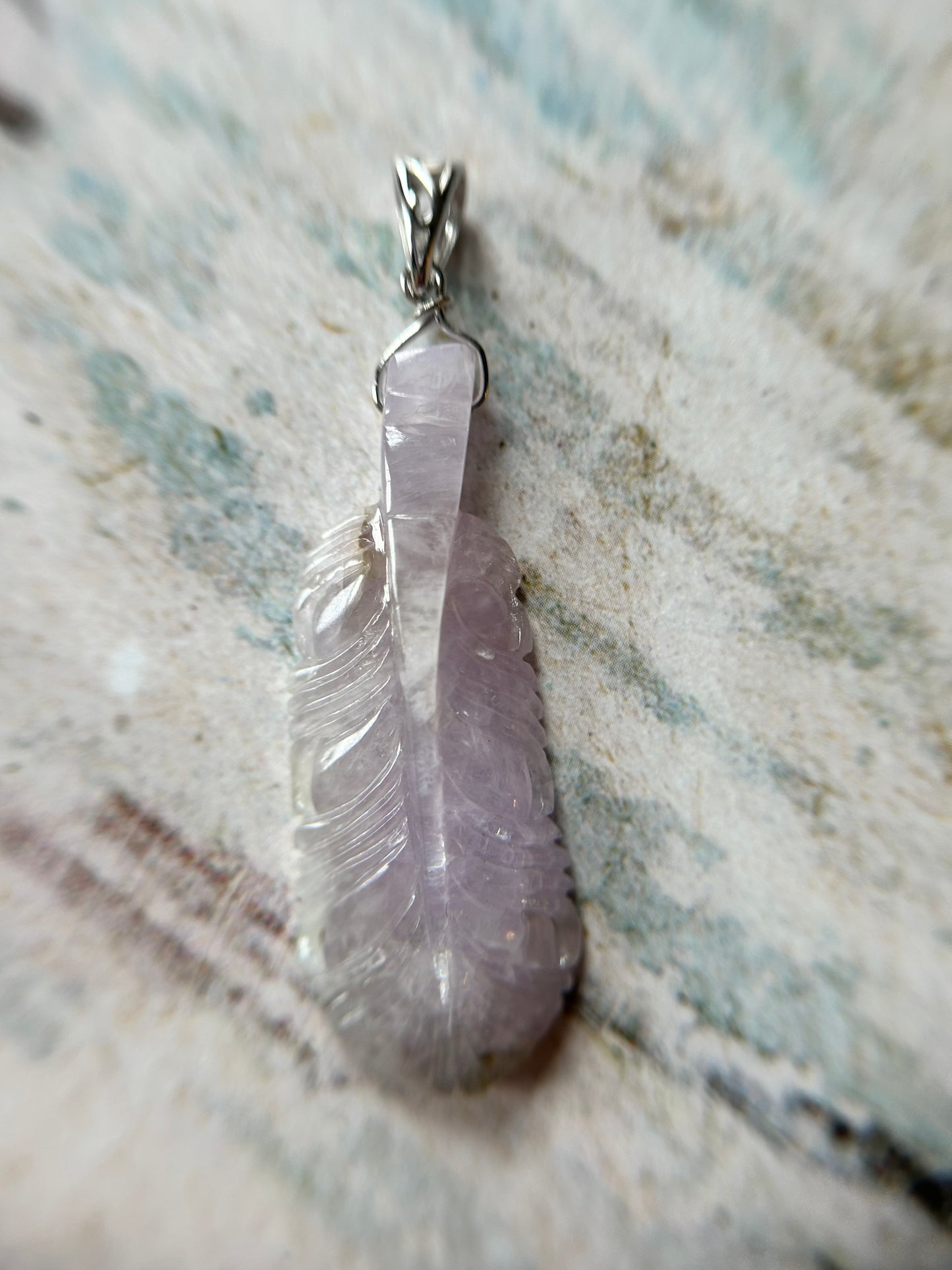 Natural Grade A Burmese Jadeite  Sterling Silver bail Icy Lavender feather pendant