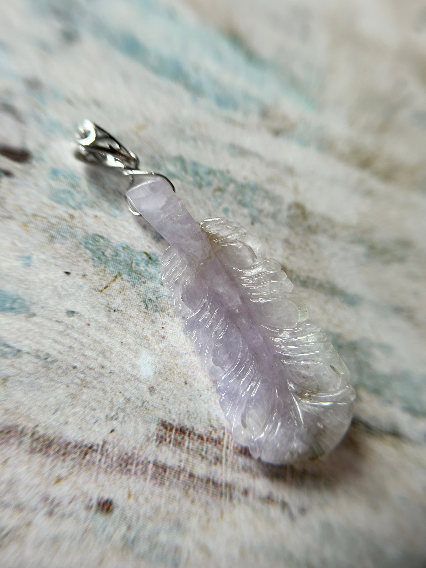 Natural Grade A Burmese Jadeite  Sterling Silver bail Icy Lavender feather pendant