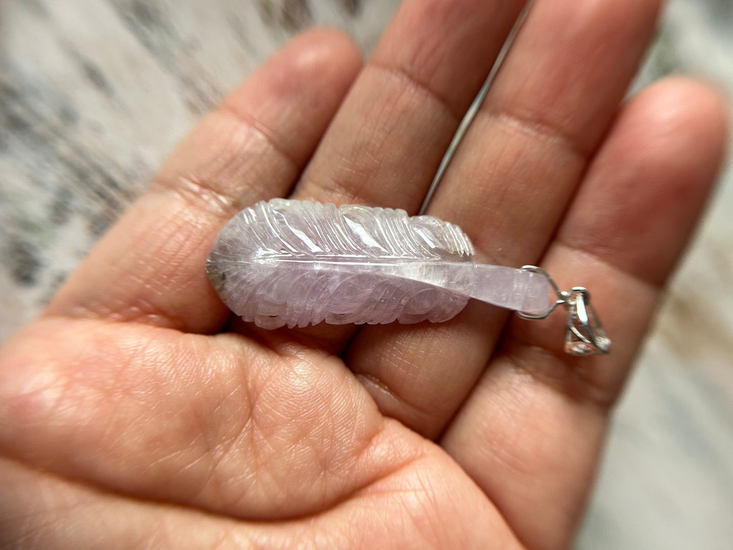 Natural Grade A Burmese Jadeite  Sterling Silver bail Icy Lavender feather pendant