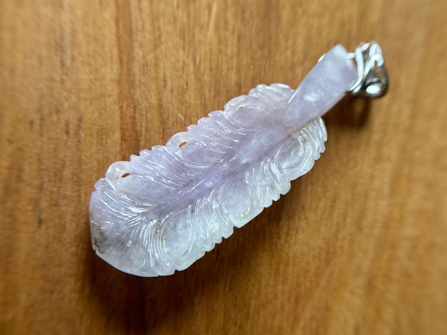 Natural Grade A Burmese Jadeite  Sterling Silver bail Icy Lavender feather pendant