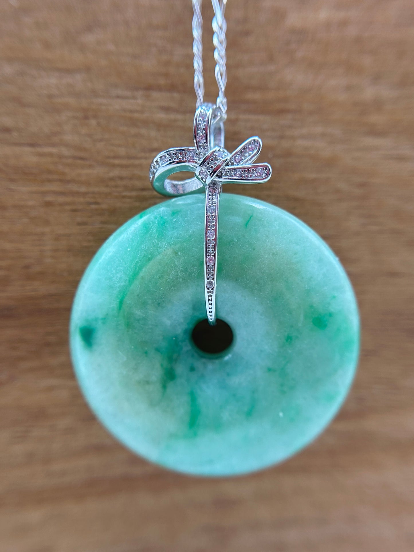 Grade A Natural Green and yellow Jadeite Pi Disc pendantwith silver bail necklace