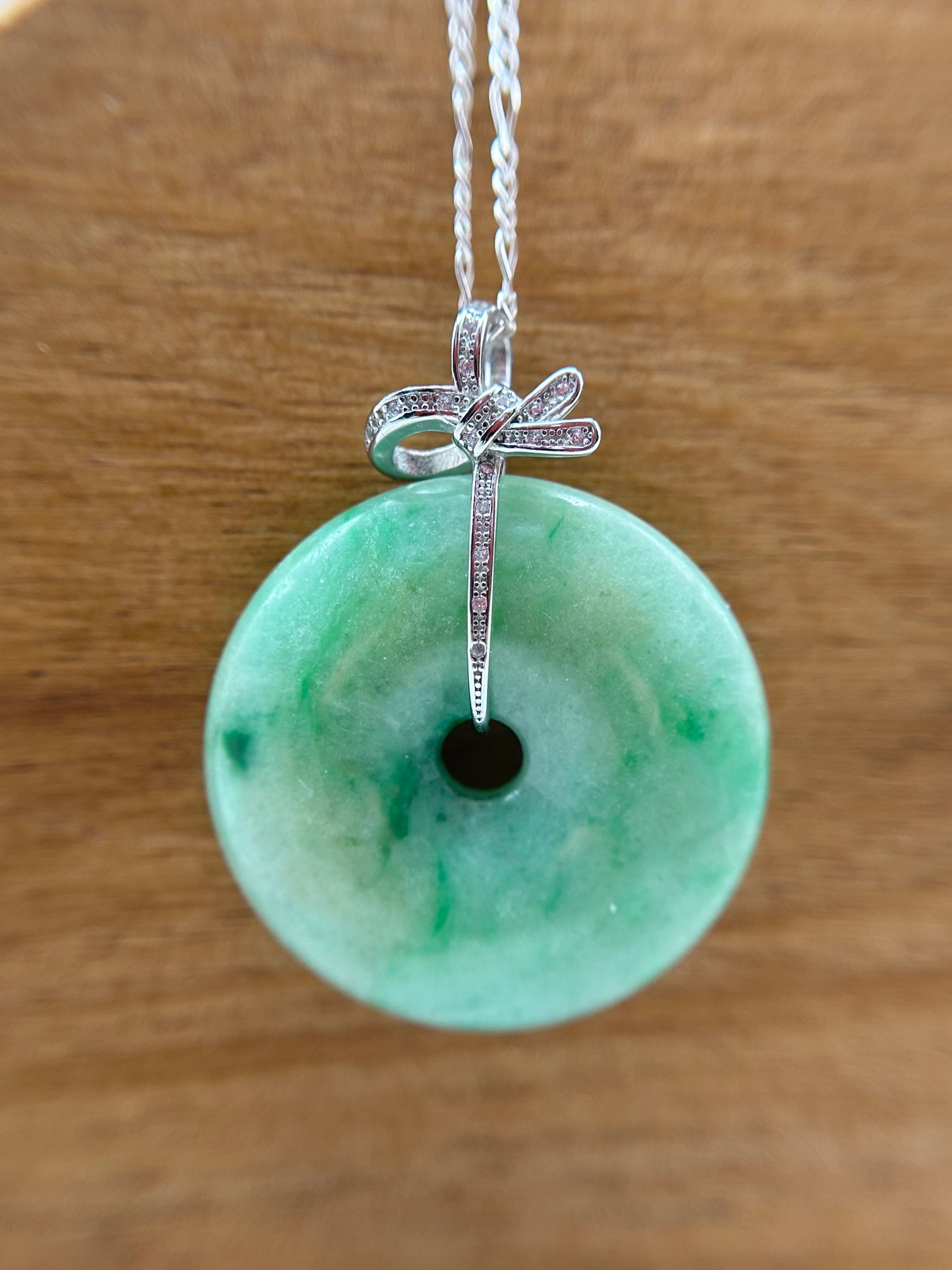 Grade A Natural Green and yellow Jadeite Pi Disc pendantwith silver bail necklace