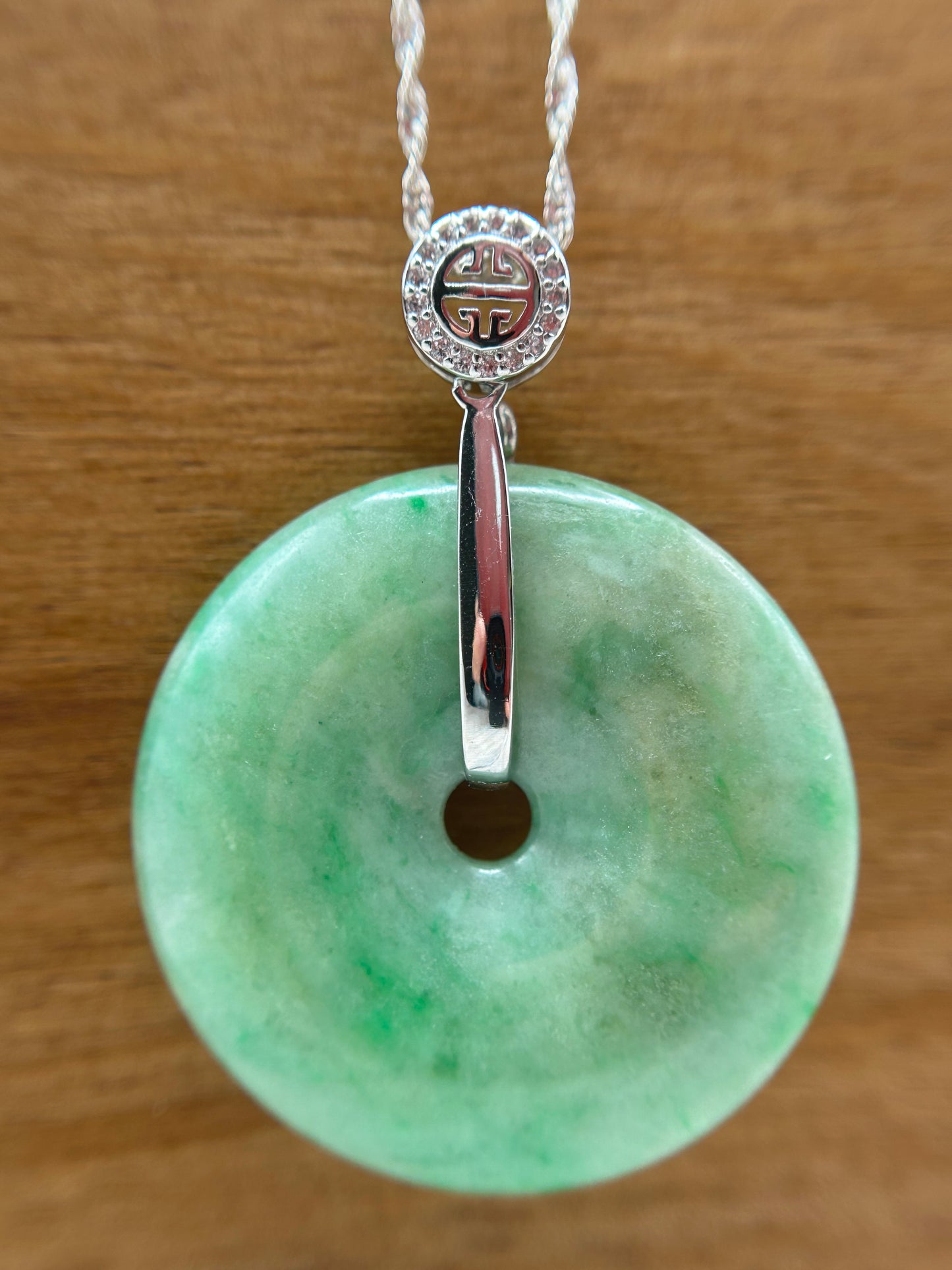 Grade A Natural Green and yellow Jadeite Pi Disc pendant with silver bail necklace