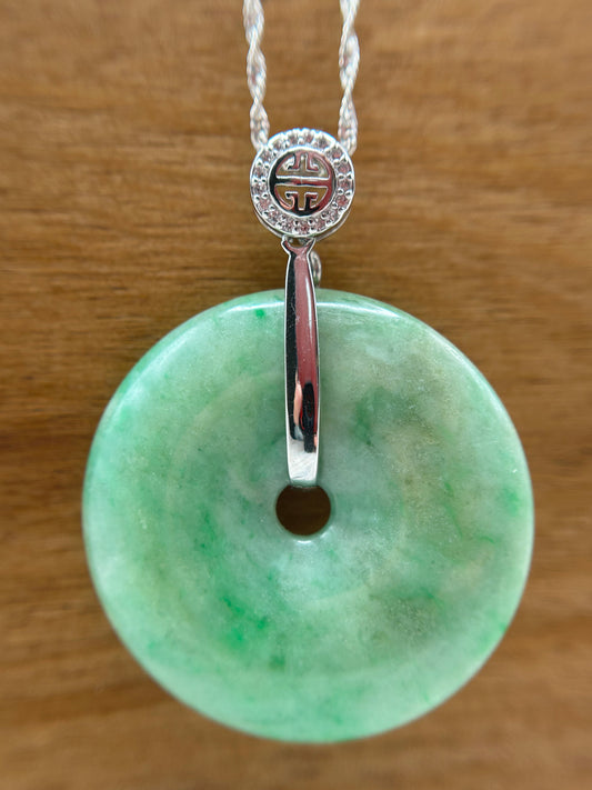 Grade A Natural Green and yellow Jadeite Pi Disc pendant with silver bail necklace