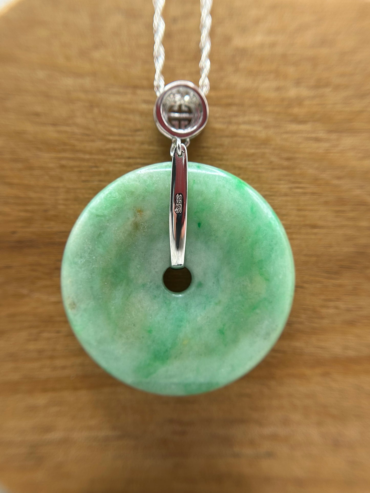 Grade A Natural Green and yellow Jadeite Pi Disc pendant with silver bail necklace