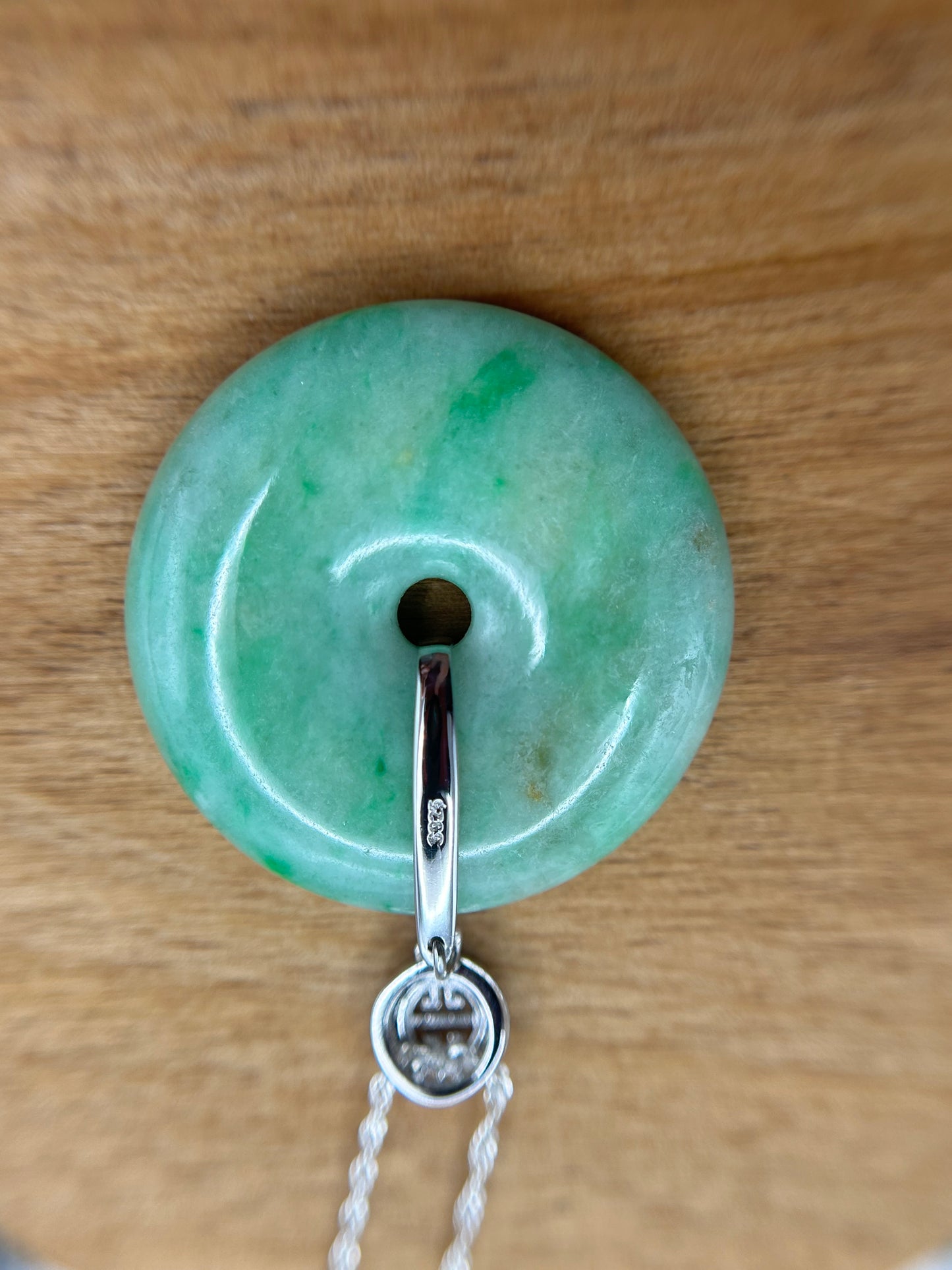 Grade A Natural Green and yellow Jadeite Pi Disc pendant with silver bail necklace