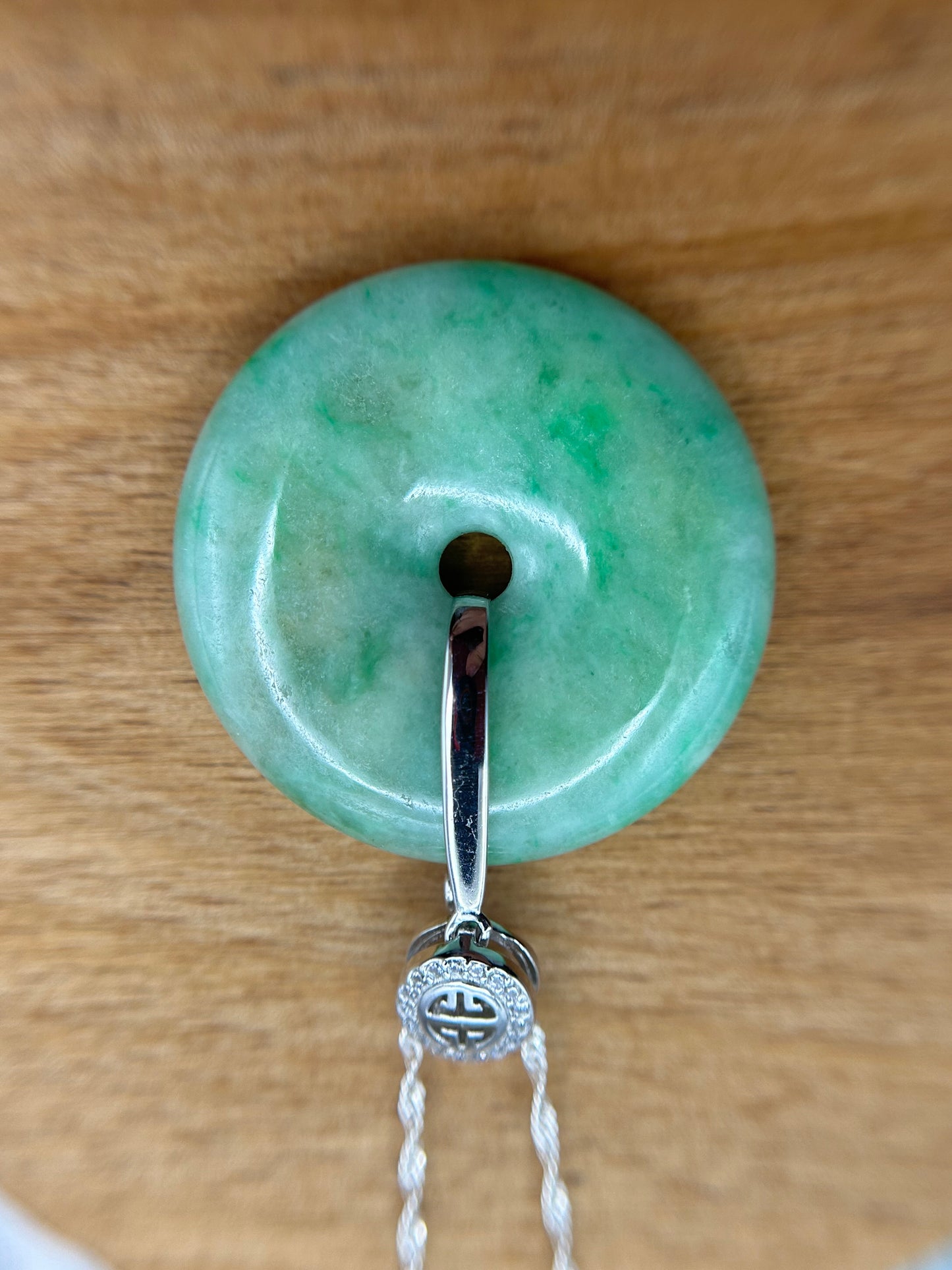 Grade A Natural Green and yellow Jadeite Pi Disc pendant with silver bail necklace