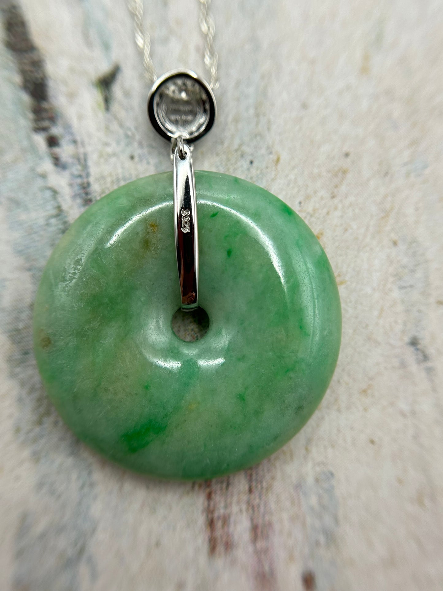 Grade A Natural Green and yellow Jadeite Pi Disc pendant with silver bail necklace